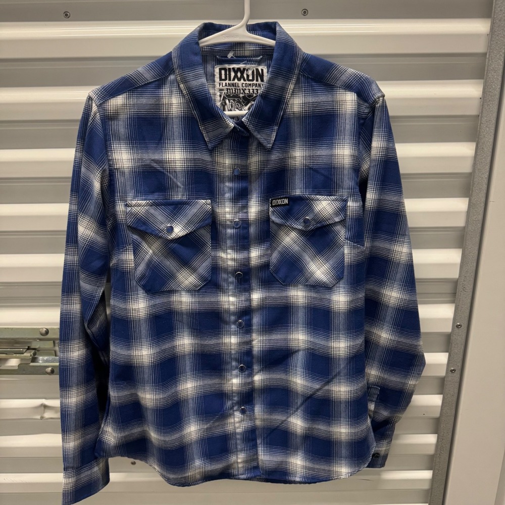 Dixxon Flannel Company Blue White Plaid D-Tech Snap Button Shirt Medium